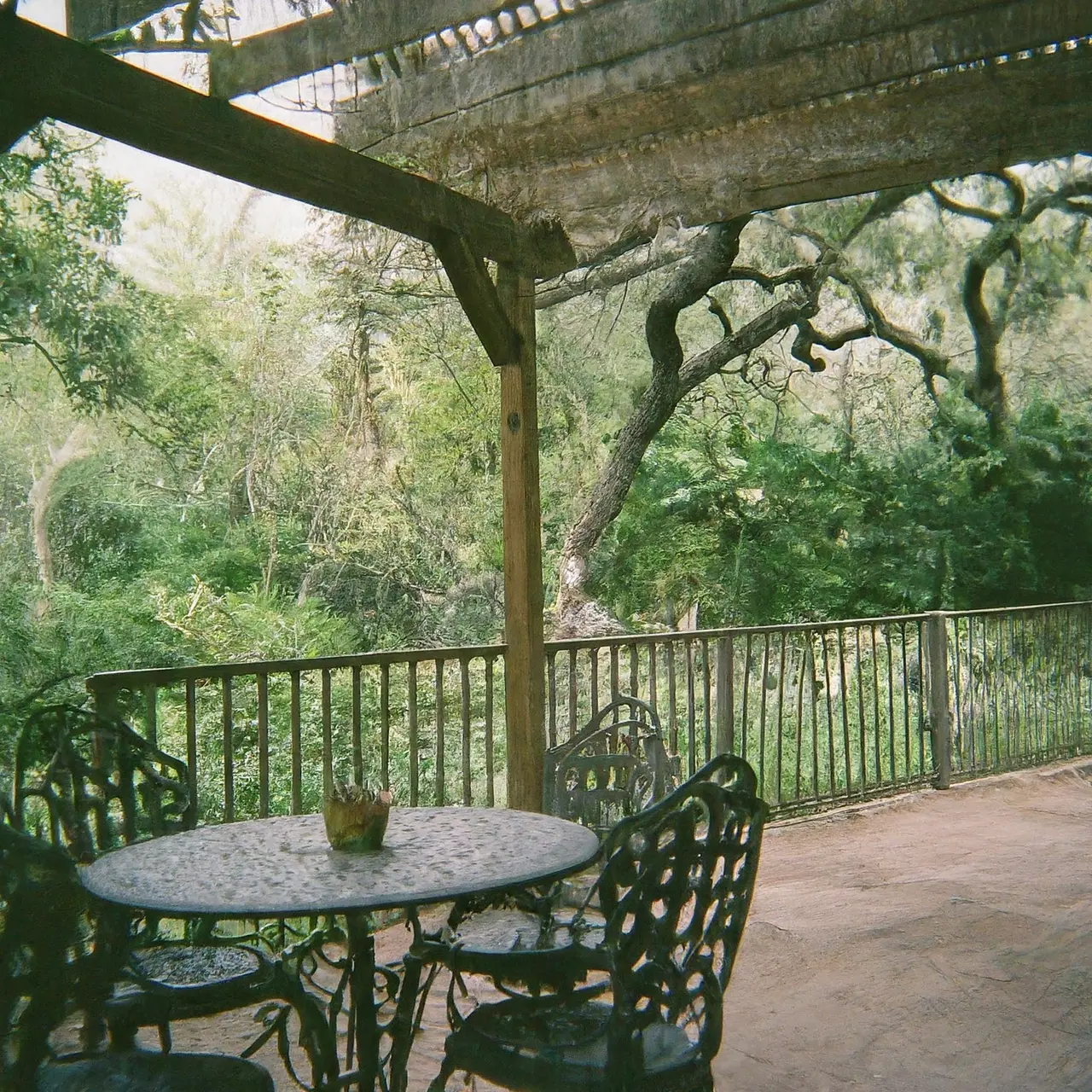 A cozy vacation rental with a garden view in San Antonio. 35mm stock photo