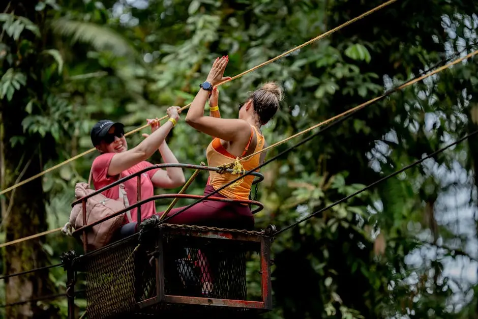 Two people enjoy an exhilarating ziplining experience in the lush jungles of Bajos del Toro, Costa Rica.