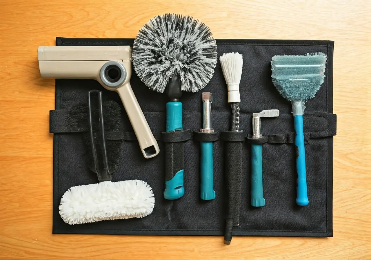 A neatly organized set of window and gutter cleaning tools. 35mm stock photo