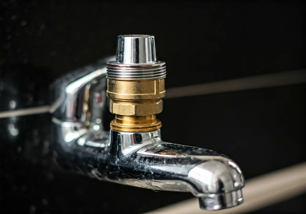 A close-up of a water saving valve installed on a faucet. 35mm stock photo