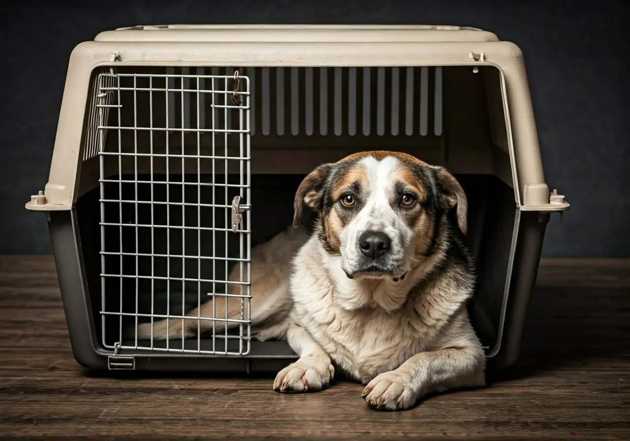 A stressed-looking dog beside a securely closed crate. 35mm stock photo