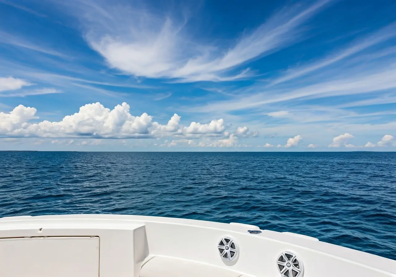 A sleek yacht with mounted marine speakers on deck. 35mm stock photo