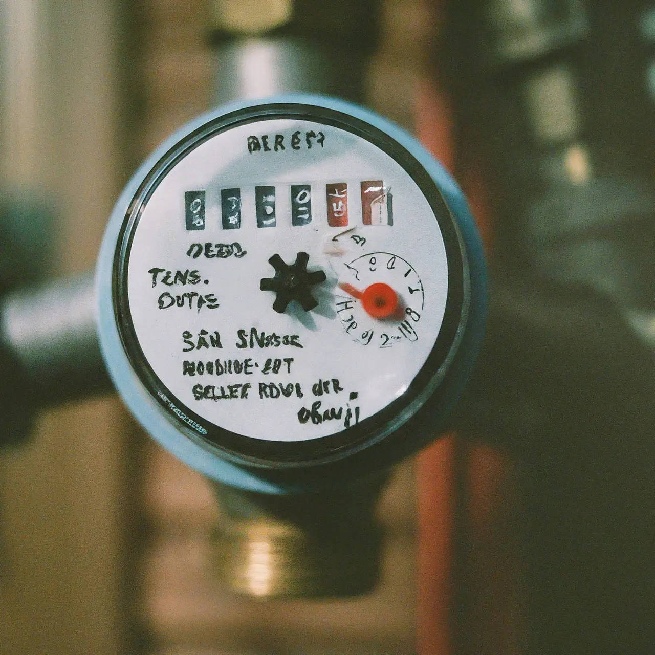 A water meter with conservation tips highlighted around it. 35mm stock photo