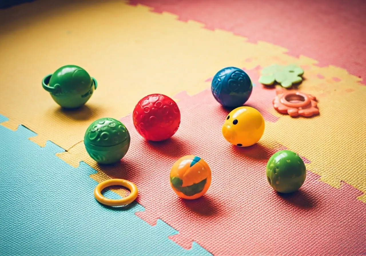 Colorful baby toys scattered on a soft play mat. 35mm stock photo