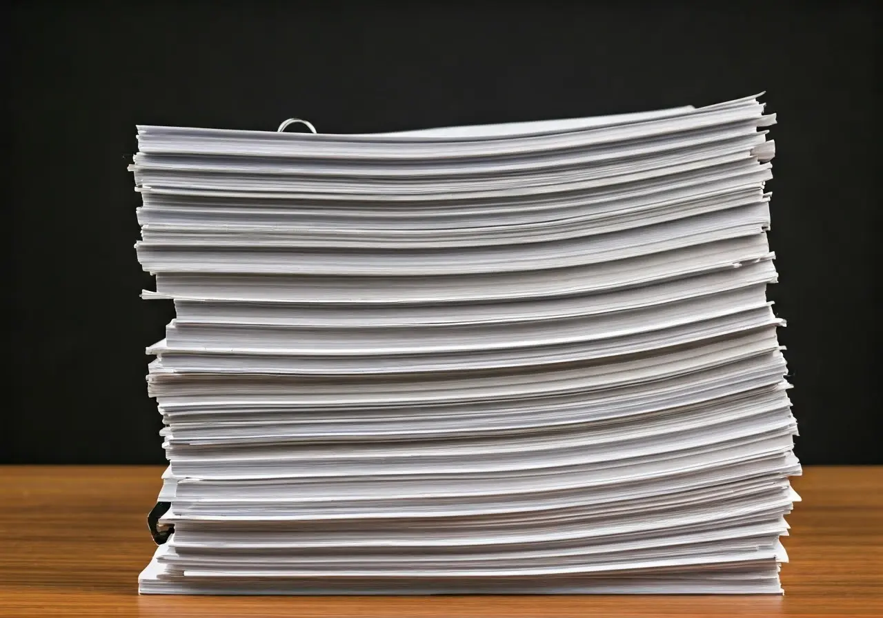 A stack of organized documents on a wooden desk. 35mm stock photo