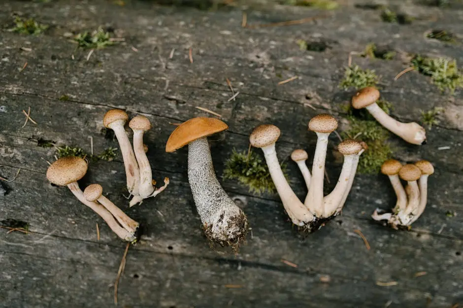 Top view of edible fresh mushrooms placed on timber in forest in autumn