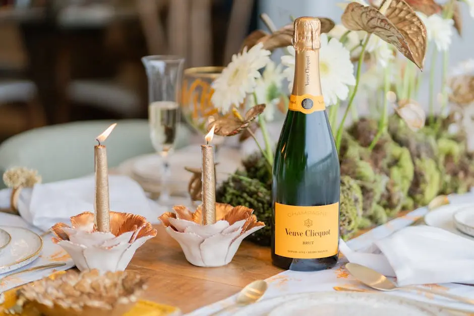 A beautifully set dinner table featuring a bottle of Veuve Clicquot champagne, candles, and decorative flowers.