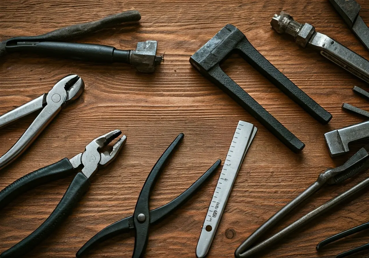 A close-up of various locksmith tools on a wooden table. 35mm stock photo