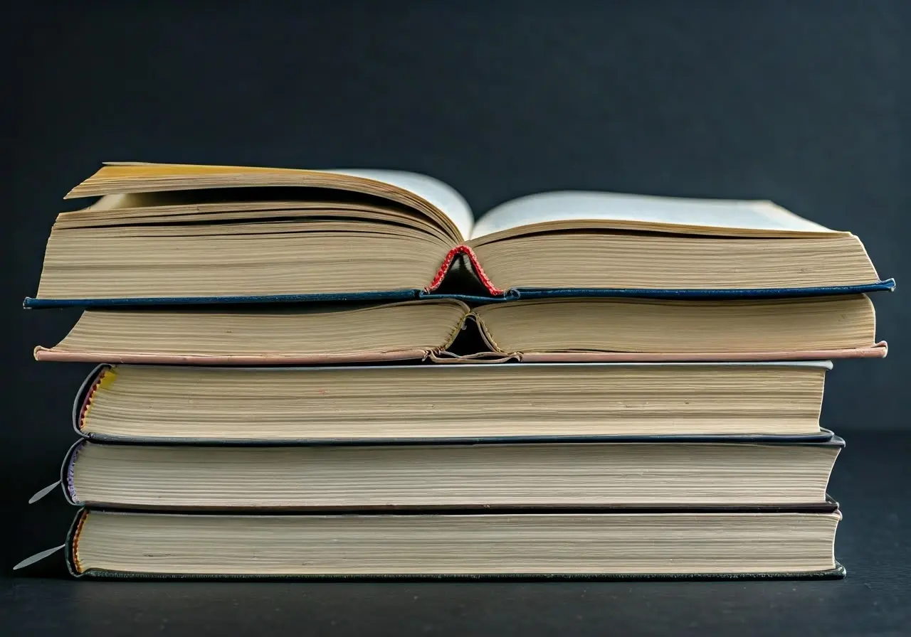 A stack of opened study books with highlighted sections. 35mm stock photo