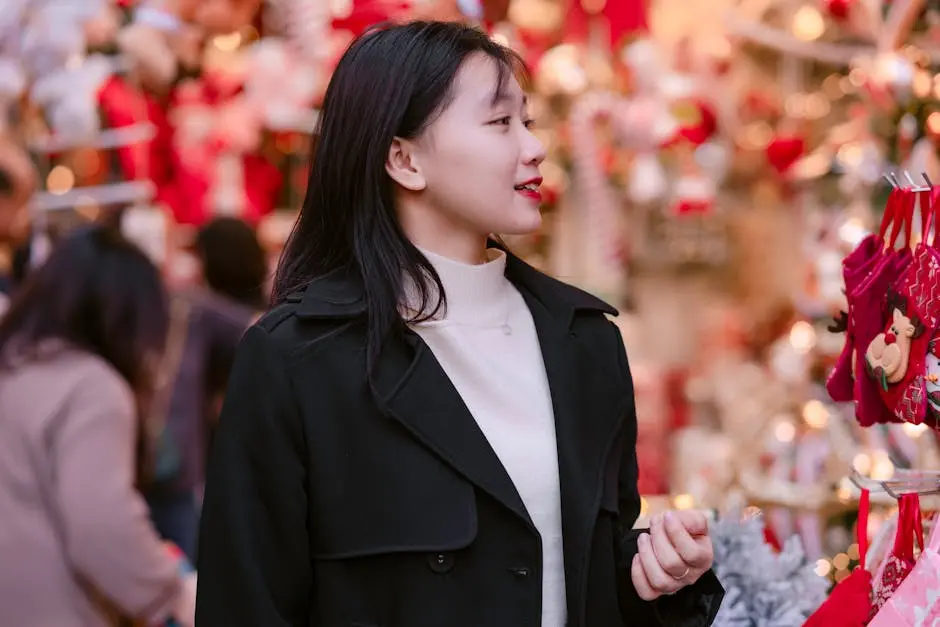 Young Woman in a Black Coat Over a White Sweater Doing Christmas Shopping