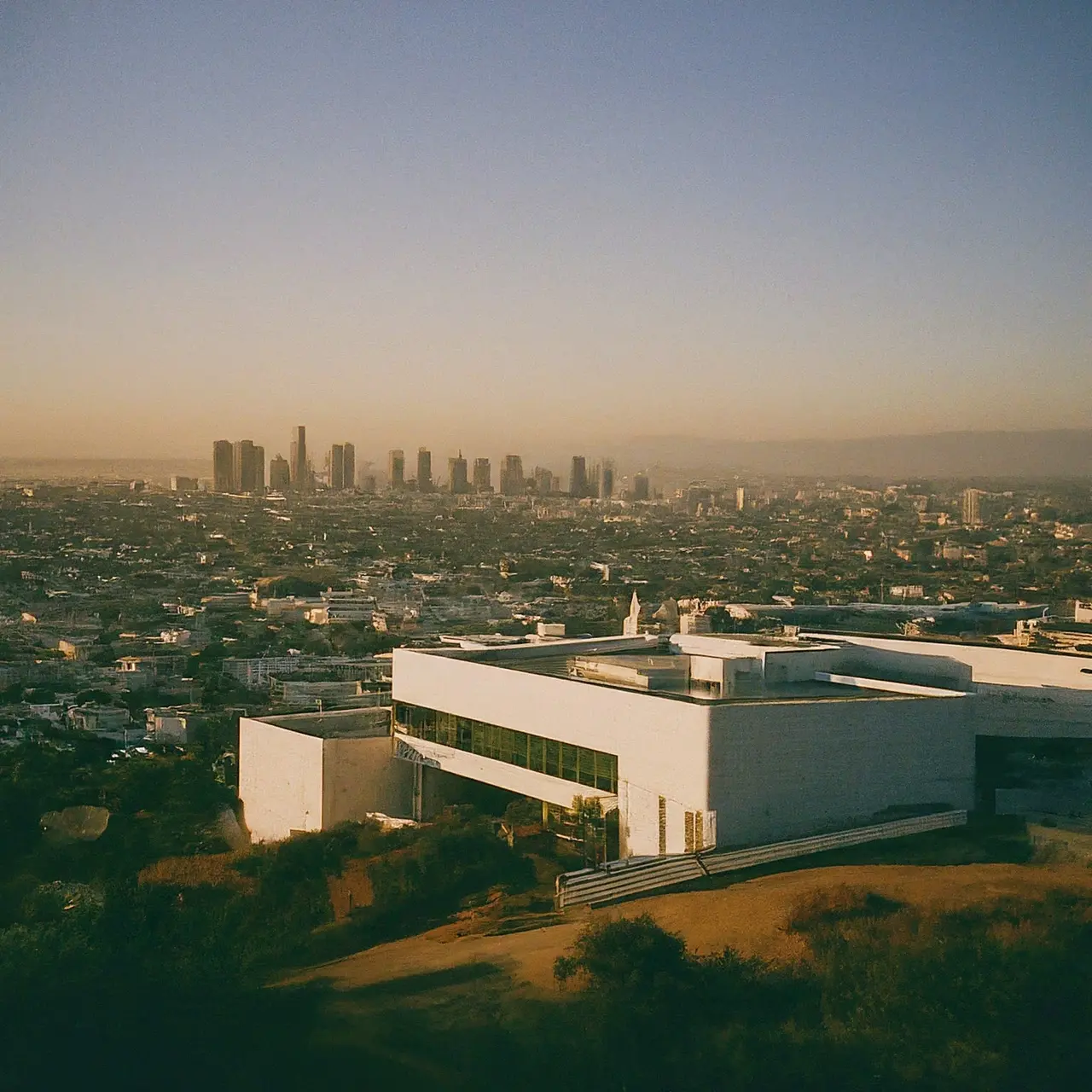 A modern clinical laboratory in Los Angeles at sunset. 35mm stock photo