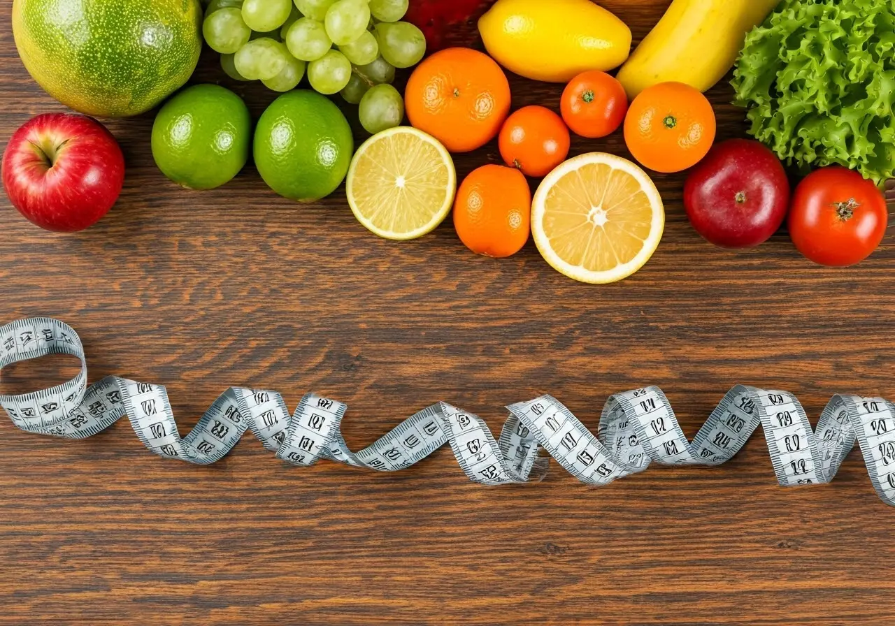 Colorful fruits and vegetables surrounding a measuring tape. 35mm stock photo