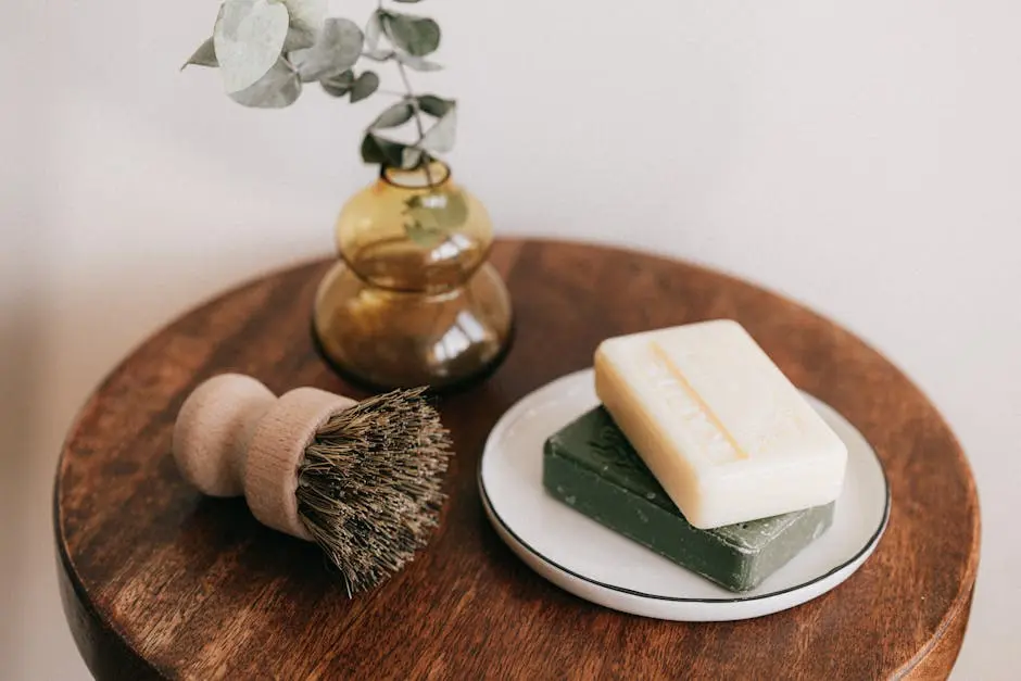 From above of handmade soaps and natural brush on wooden table composed with glass vase decorated with Eucalyptus leaf