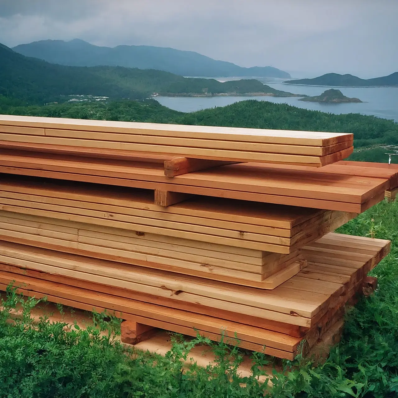 A stack of Western Red Cedar lumber boards. 35mm stock photo