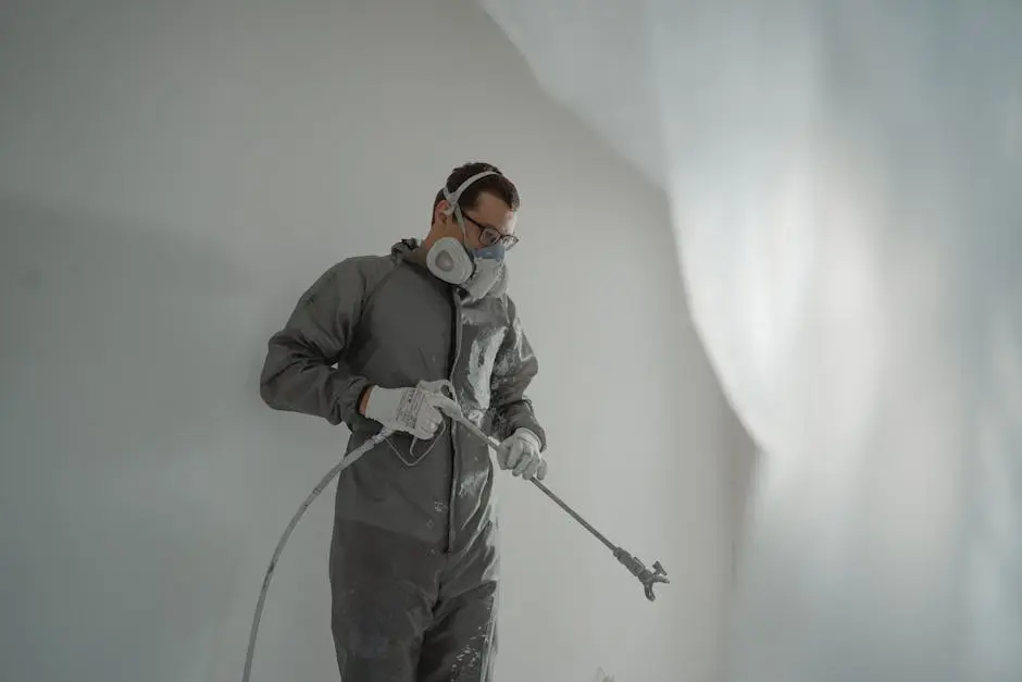 A Man in Gray Suit Painting a House