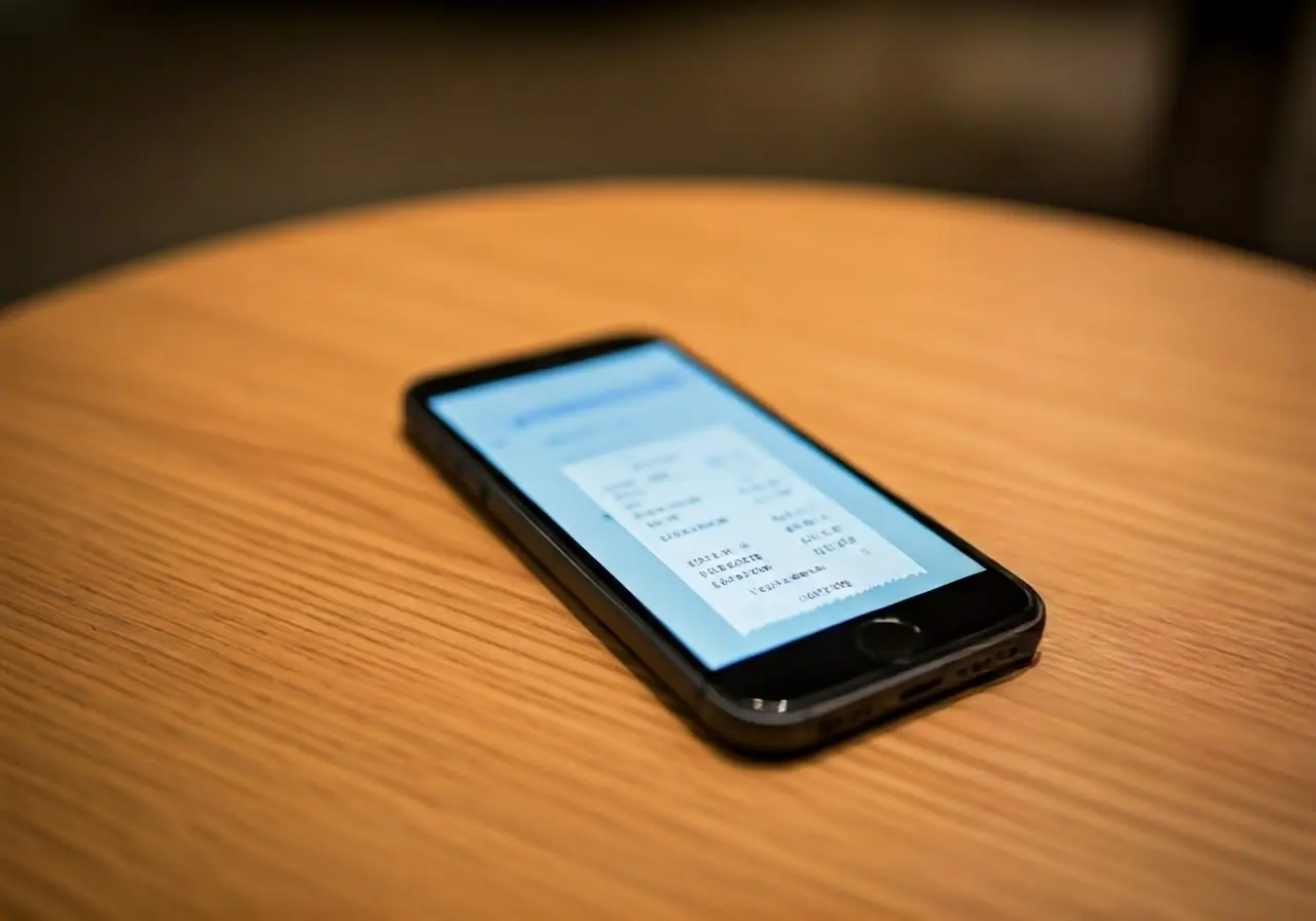 A smartphone displaying a digital receipt over a table. 35mm stock photo