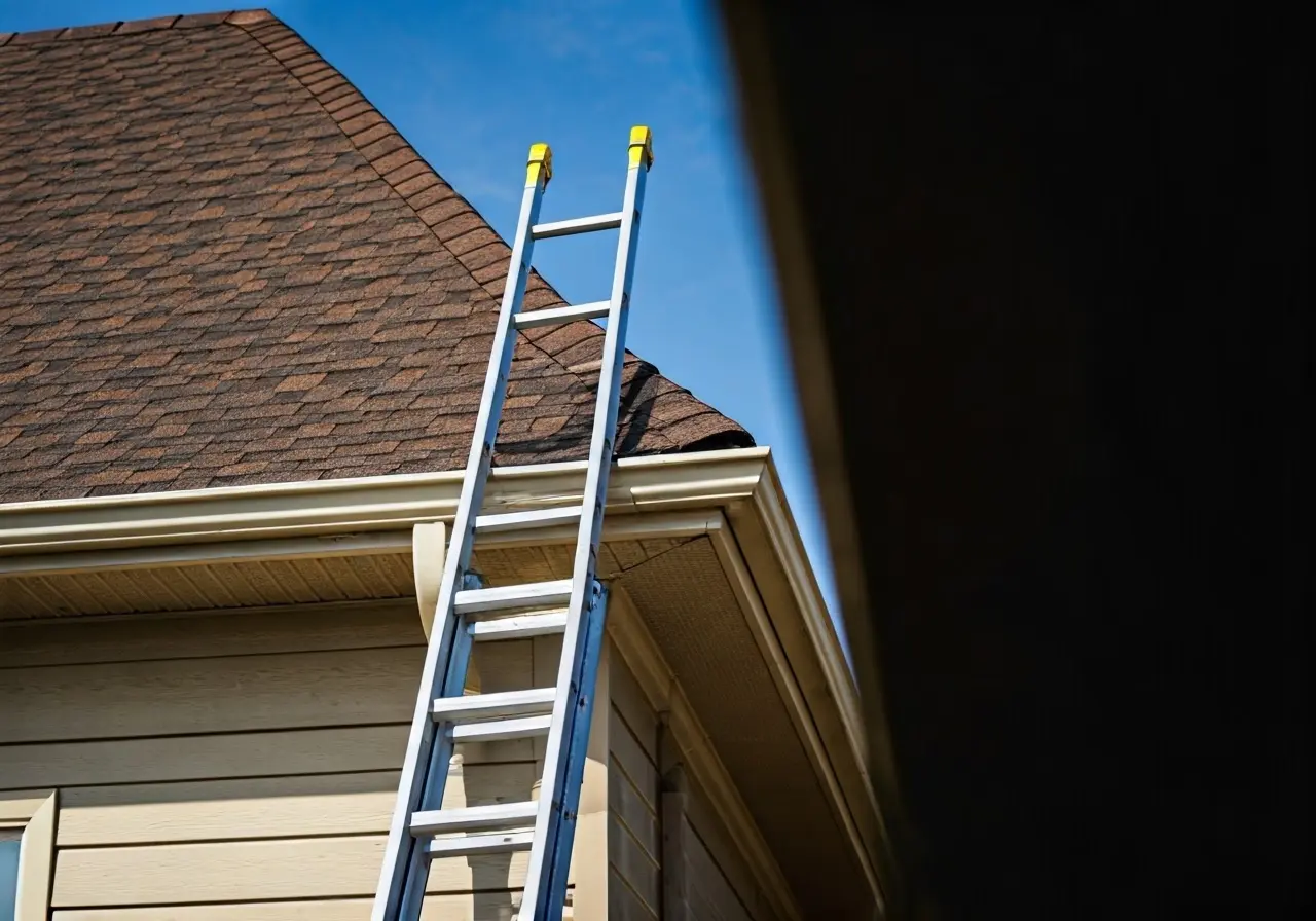 A professional cleaning ladder by a two-story house’s gutters. 35mm stock photo