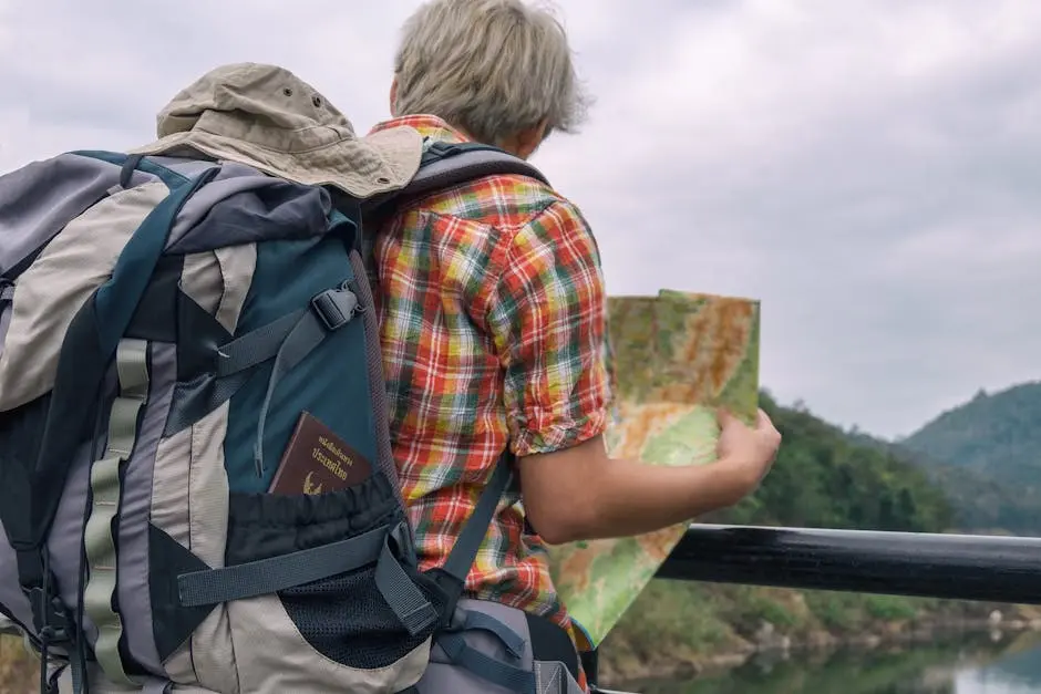 A backpacker examining a map against a scenic outdoor landscape. Adventure awaits. adventure backpack