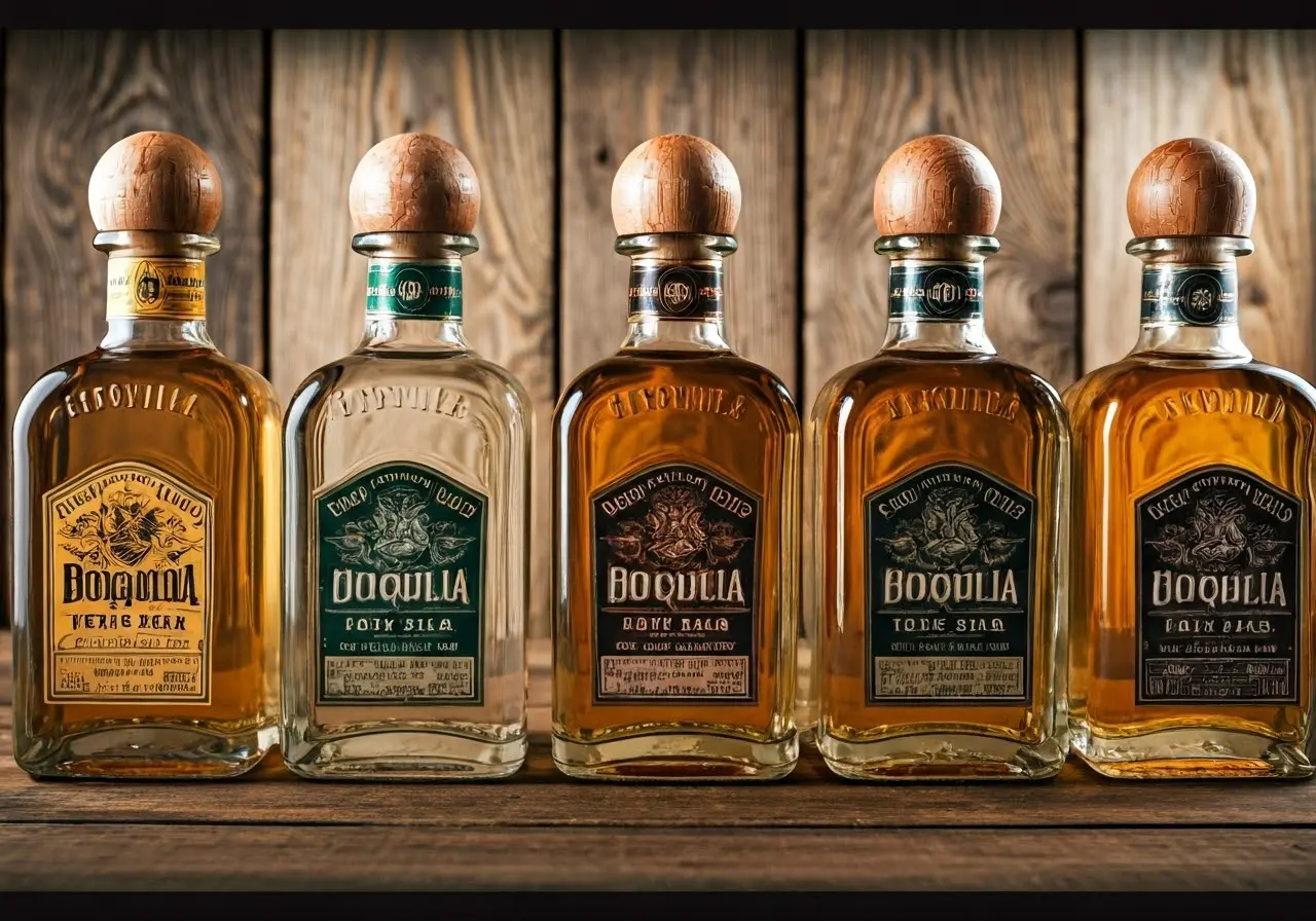 Close-up of tequila bottles with rustic wooden backgrounds. 35mm stock photo