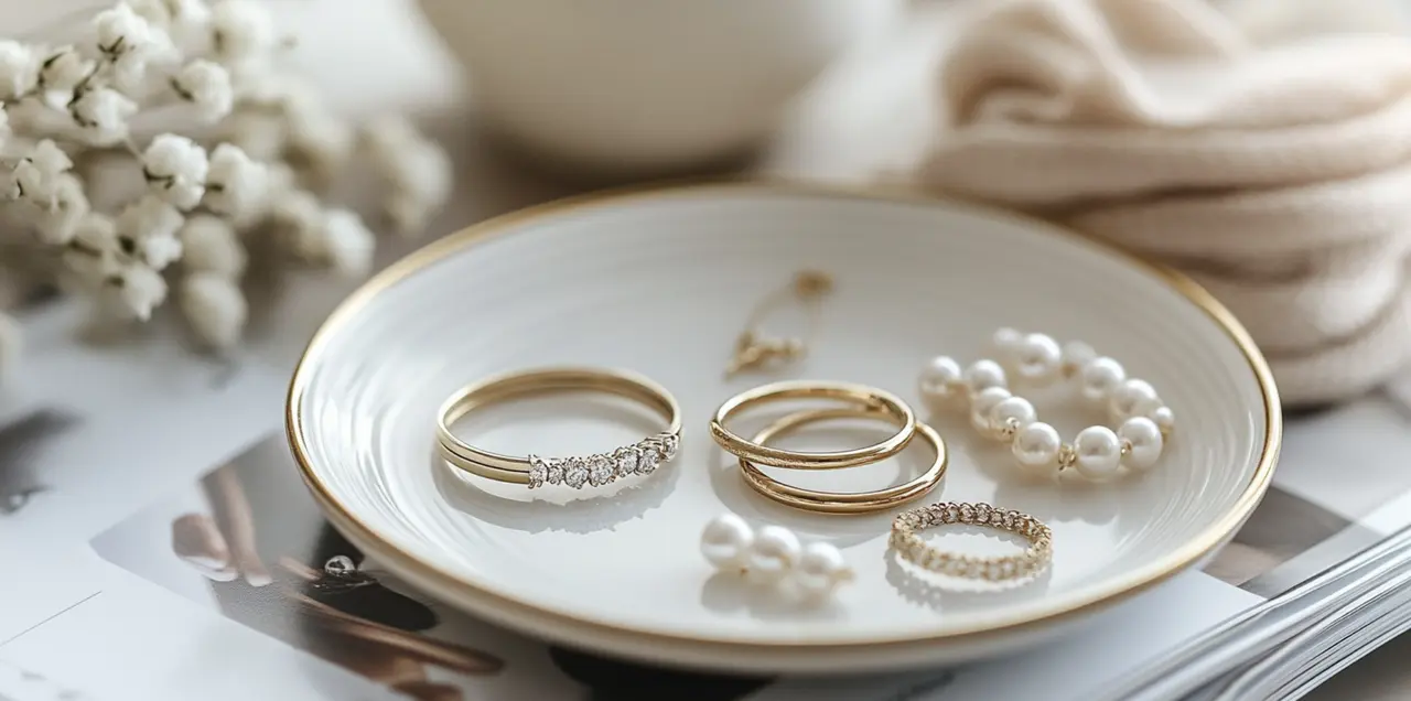 eternity rings and gold jewelries on tray ready for cleaning