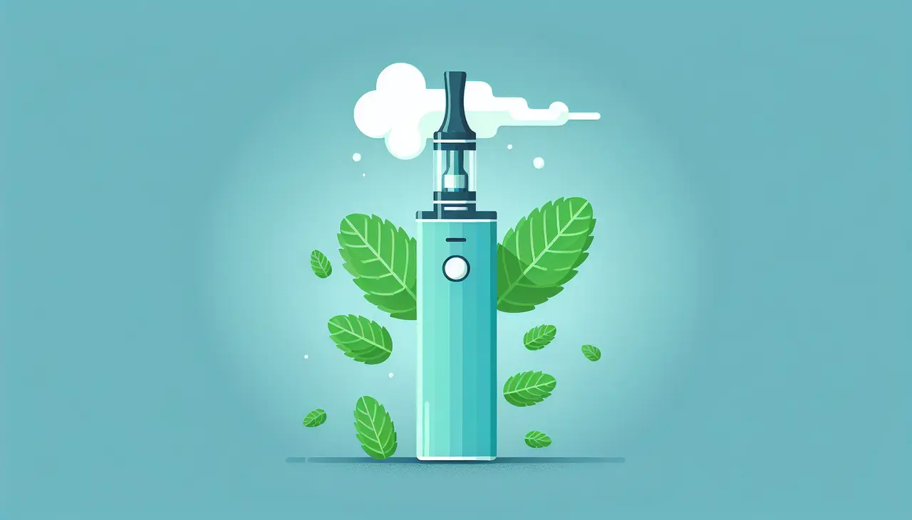 Draw a graphic in flat design style. A flat design image of a mint-colored vape pen emitting a cloud of smoke with mint leaves subtly forming part of the smoke, set against a soft blue background.