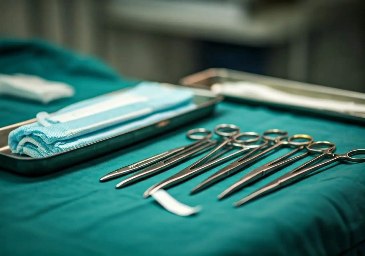 Surgical instruments neatly arranged on a sterile medical tray. 35mm stock photo