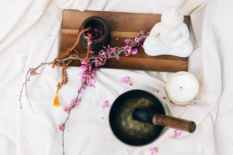 Flat lay of a meditation setup with a singing bowl, candle, beaded mala, and flower branch.