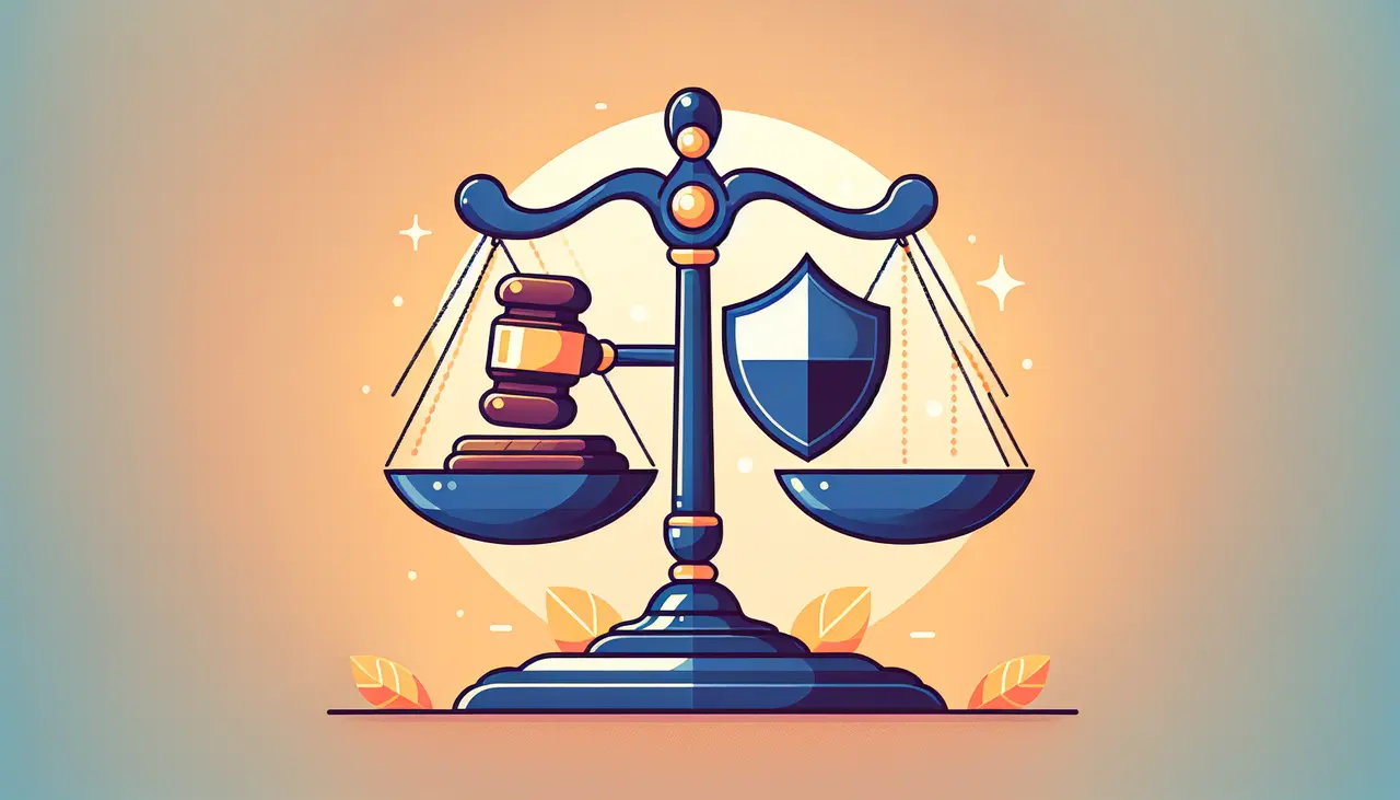 Draw a graphic in flat design style. A balanced scale with a gavel on one side and a shield on the other.