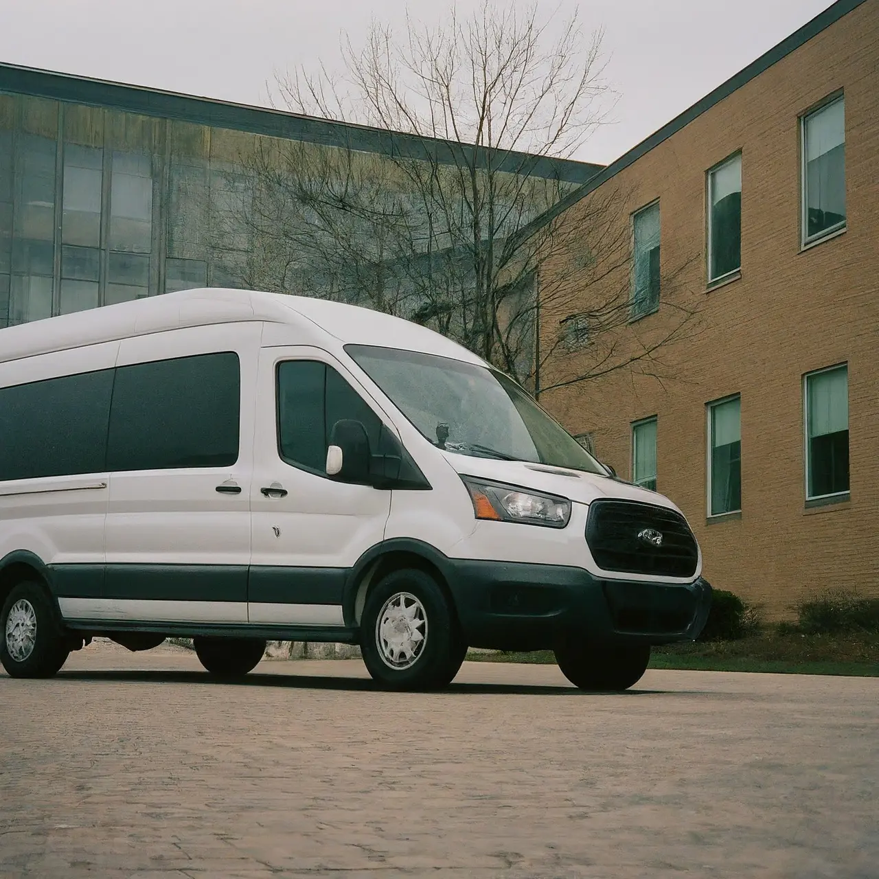 A wheelchair-accessible van parked in front of a healthcare facility. 35mm stock photo