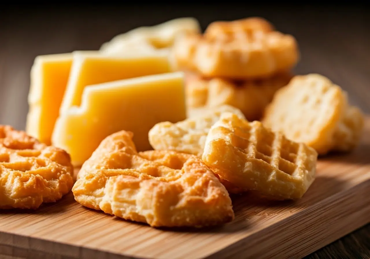 A close-up of various cheese croffles on a wooden board. 35mm stock photo