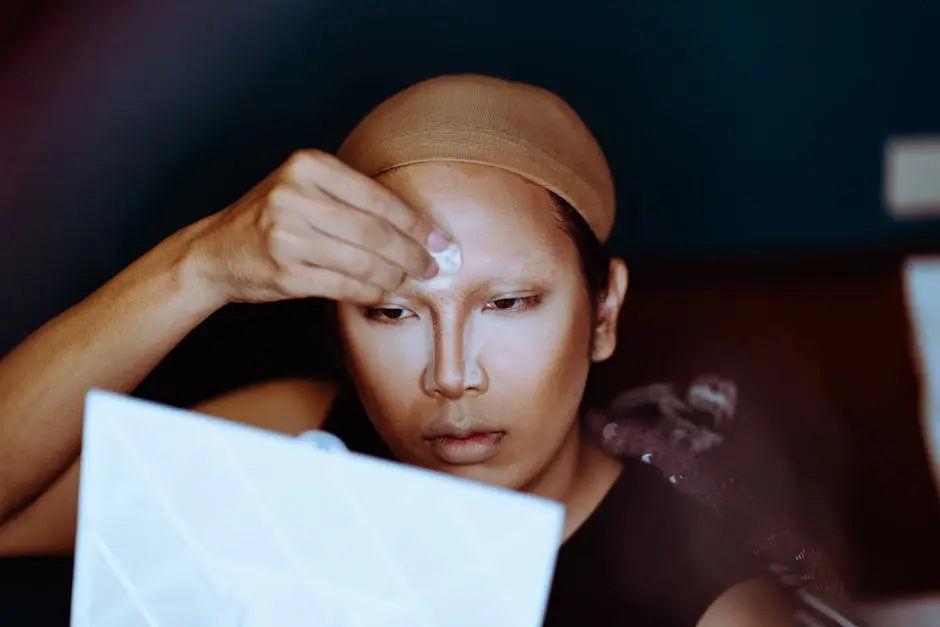 Person in wig cap applying makeup focused on foundation and contouring indoors.