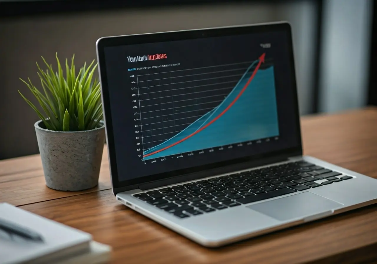 A laptop displaying YouTube analytics with growth chart. 35mm stock photo