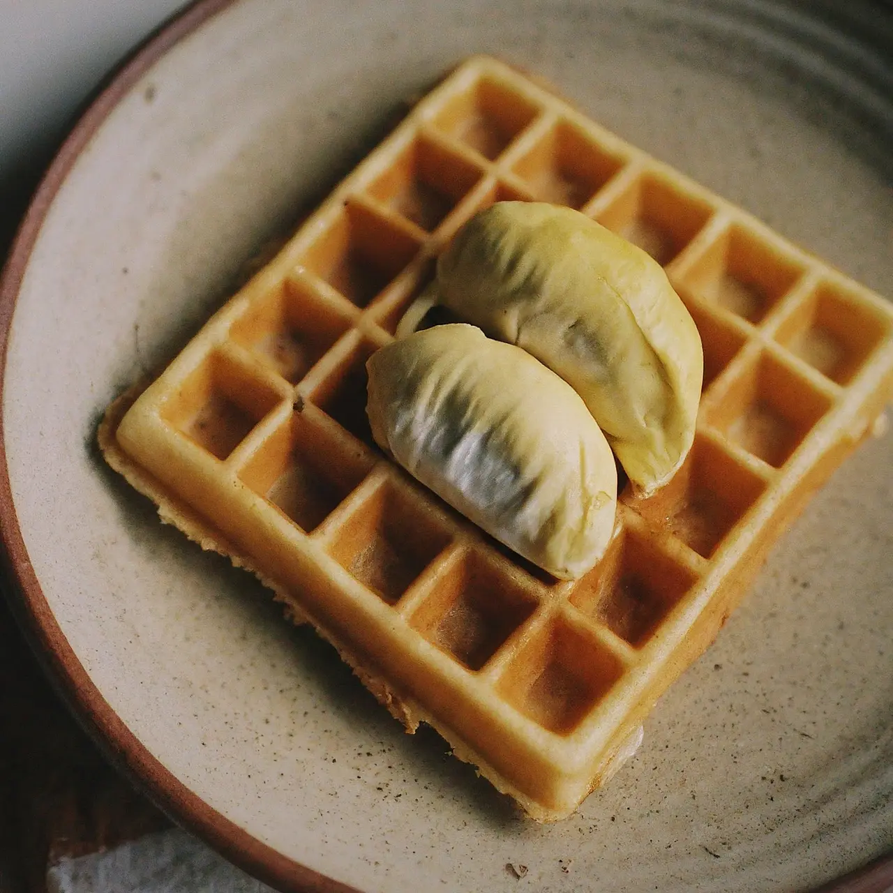 A close-up of a durian waffle on a rustic plate. 35mm stock photo