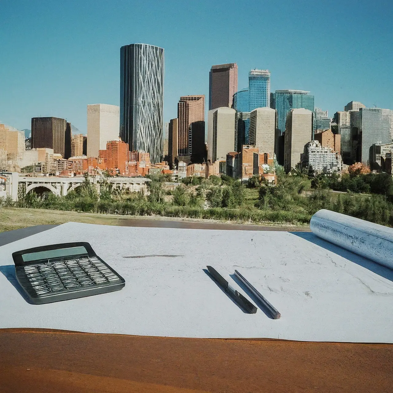 Blueprints and calculator on a desk with a Calgary skyline. 35mm stock photo