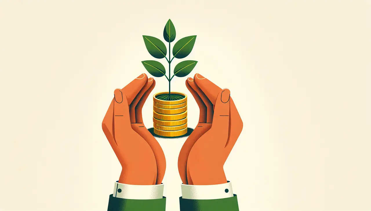 Draw a graphic in flat design style. A serene image depicting a pair of hands gently holding a small plant growing out of a pile of coins.