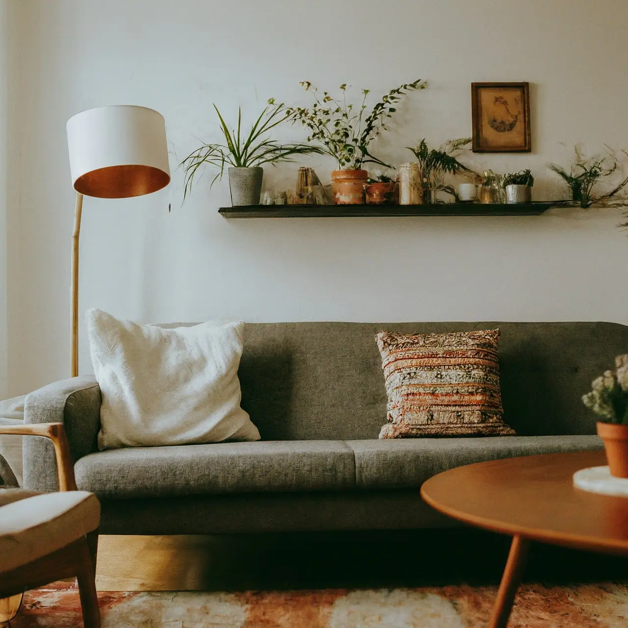 A cozy living room with eclectic thrift store decorations. 35mm stock photo