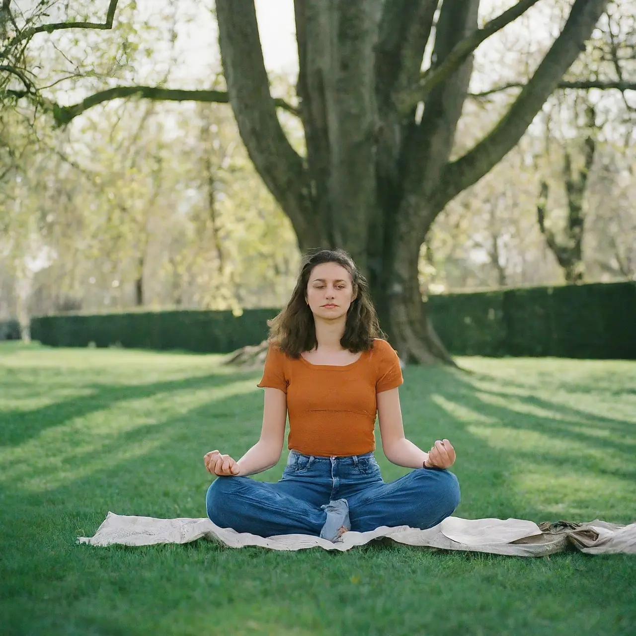 Une personne méditant tranquillement dans un parc. 35mm stock photo