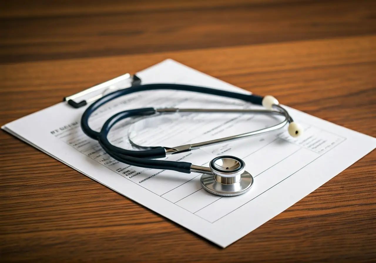 A stethoscope and medical report on a wooden table. 35mm stock photo