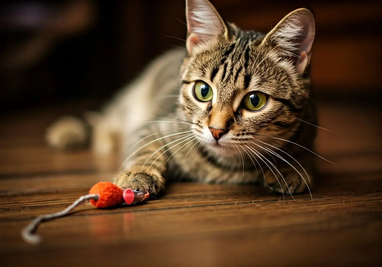 A cat gazing curiously at a toy mouse. 35mm stock photo