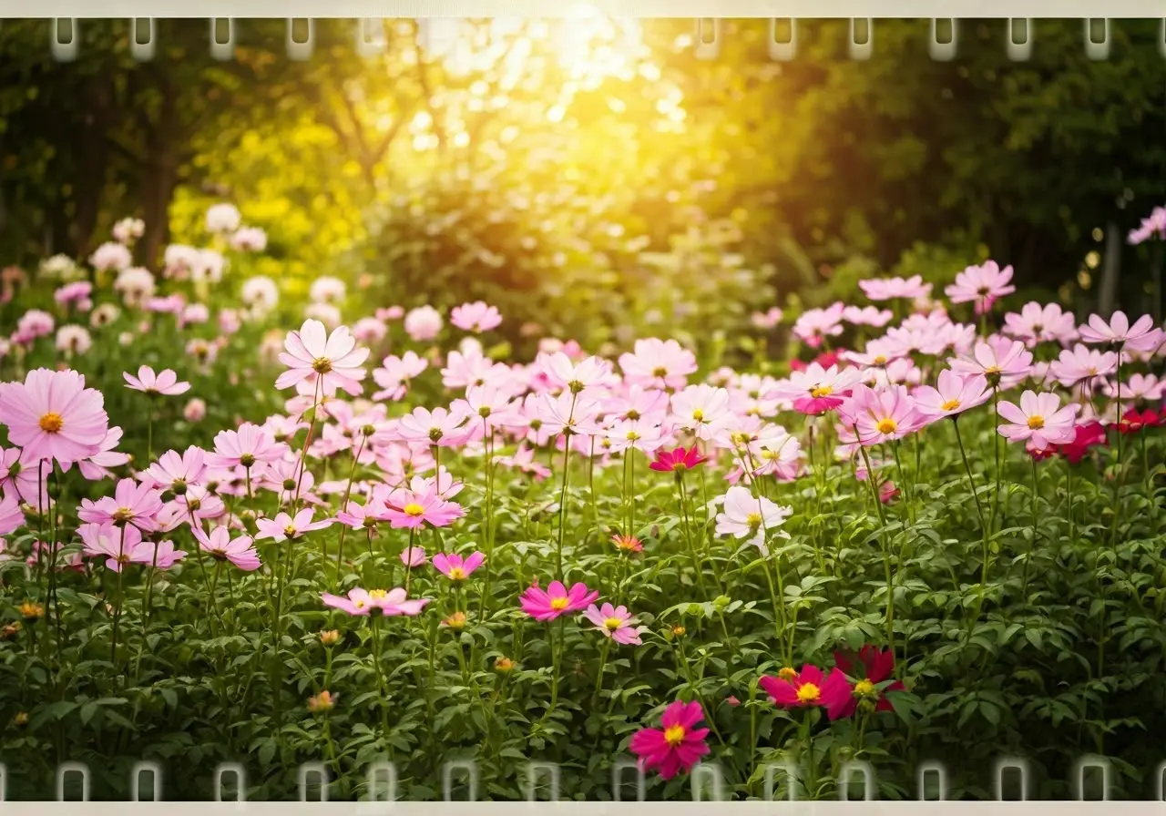 A serene garden with blooming flowers and gentle sunlight. 35mm stock photo