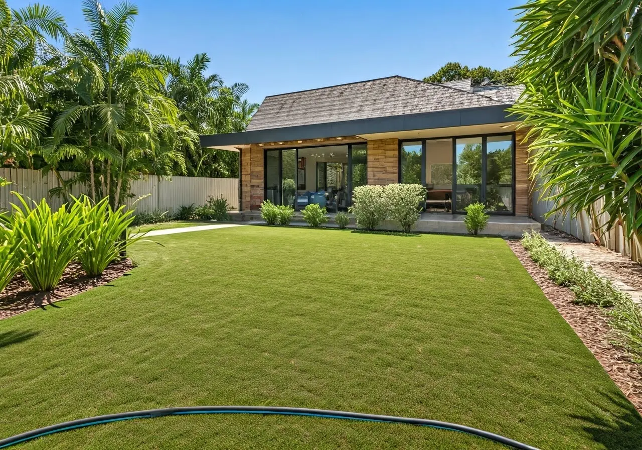 A modern home with a smart water-saving garden system. 35mm stock photo