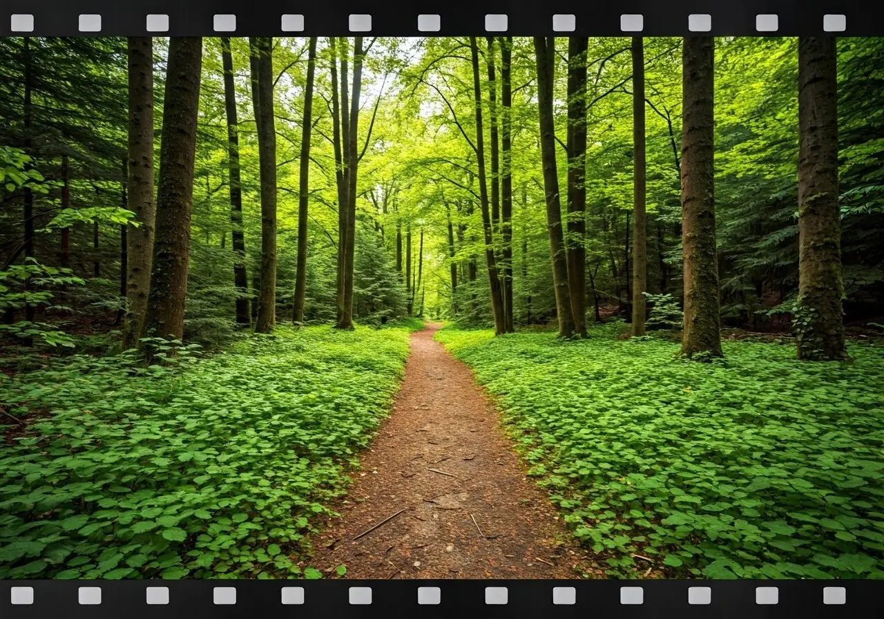 Lush, green forest path symbolizing a healing journey. 35mm stock photo