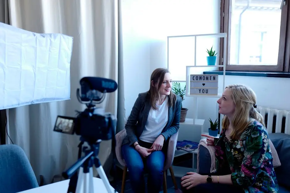 Two women discuss together in a modern workspace setting with camera equipment.