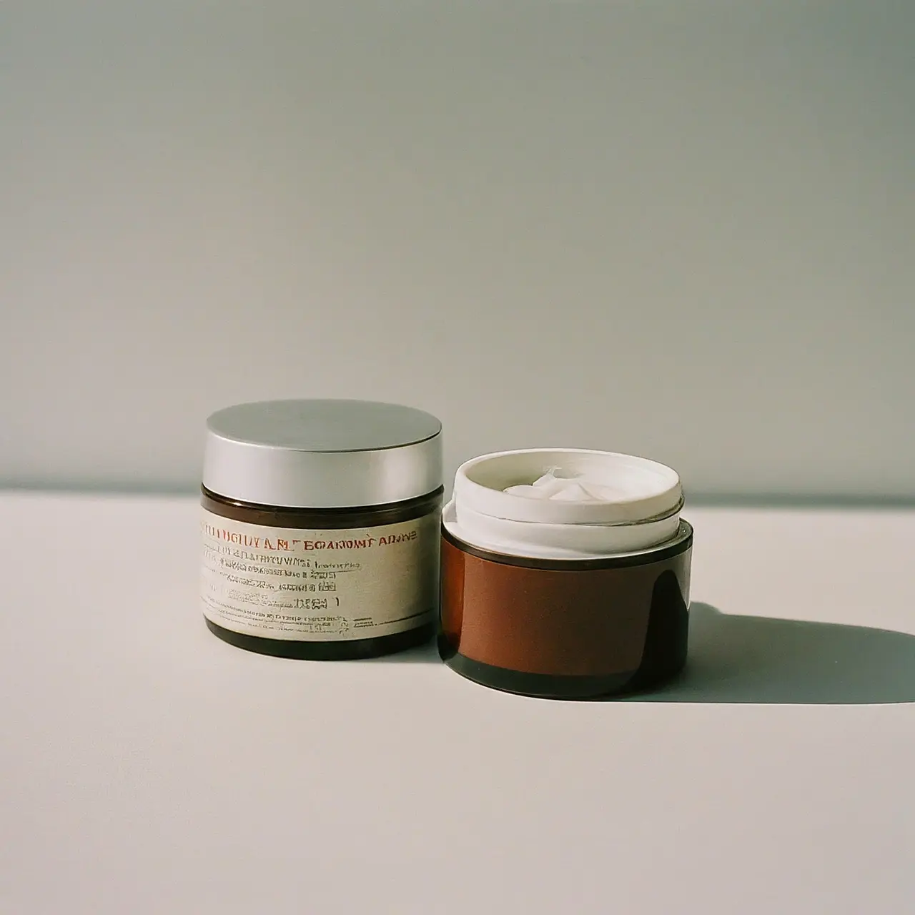 Jars of various firming creams on a white background. 35mm stock photo