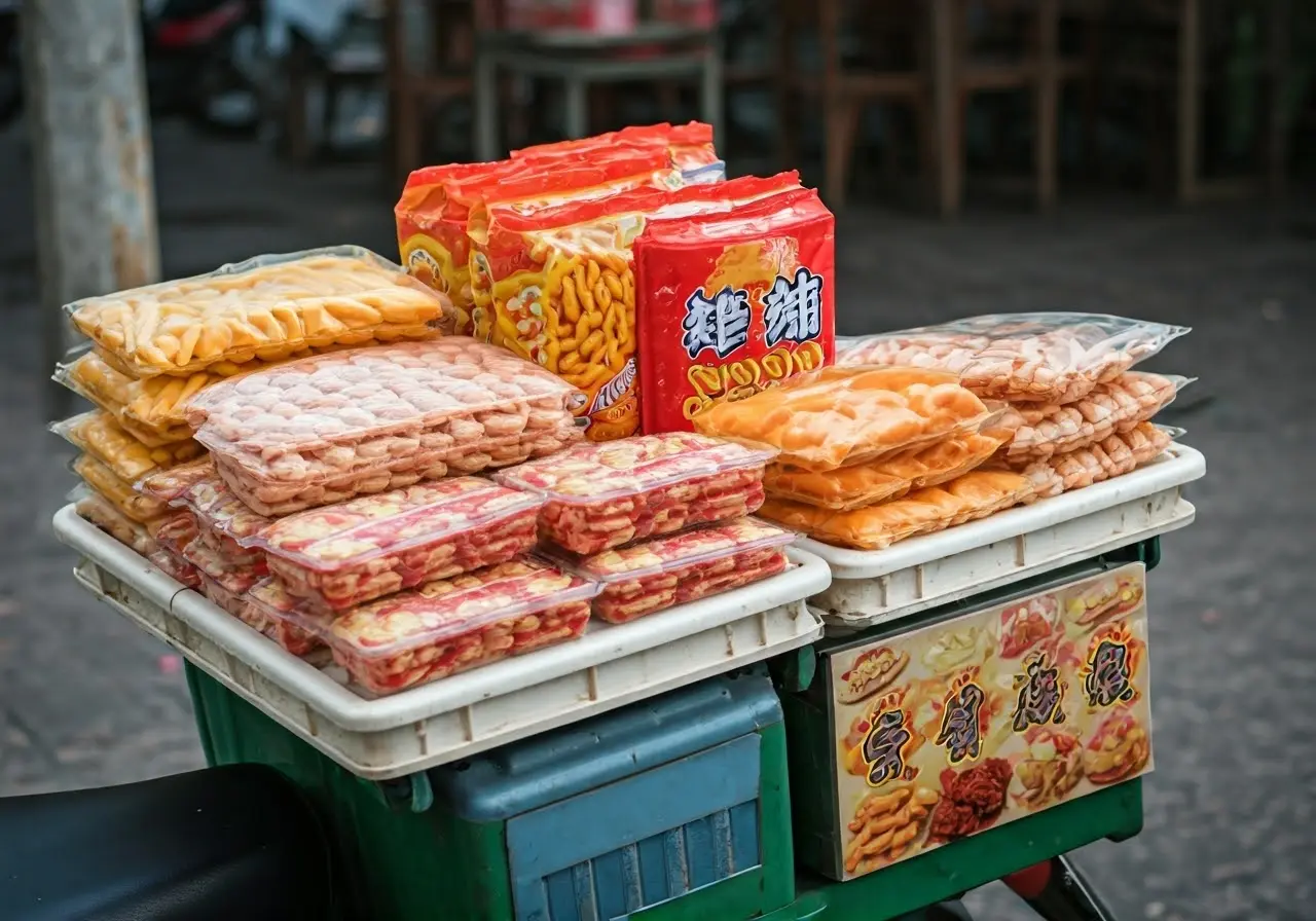 A colorful variety of street food snacks on a delivery scooter. 35mm stock photo