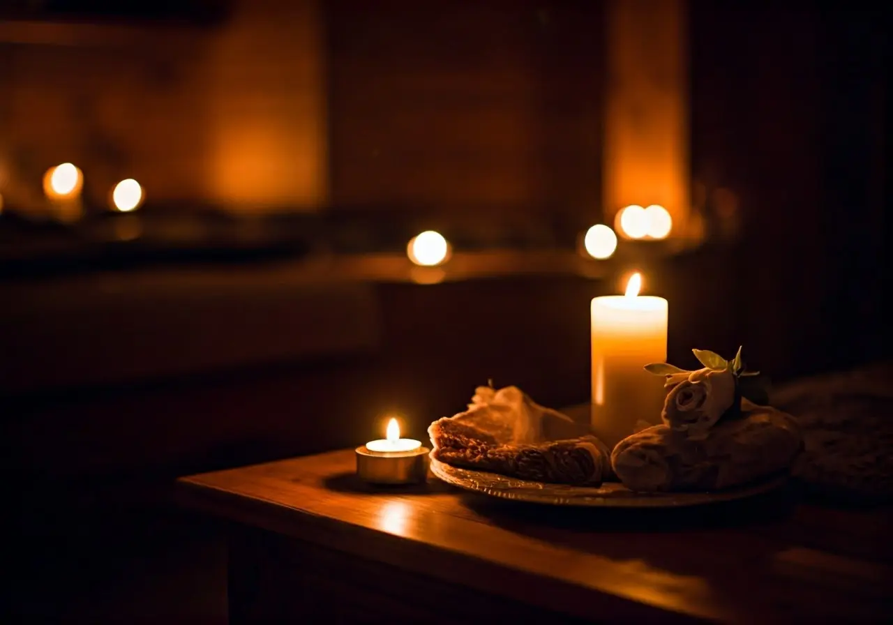 A serene spa room with candles and soft lighting. 35mm stock photo