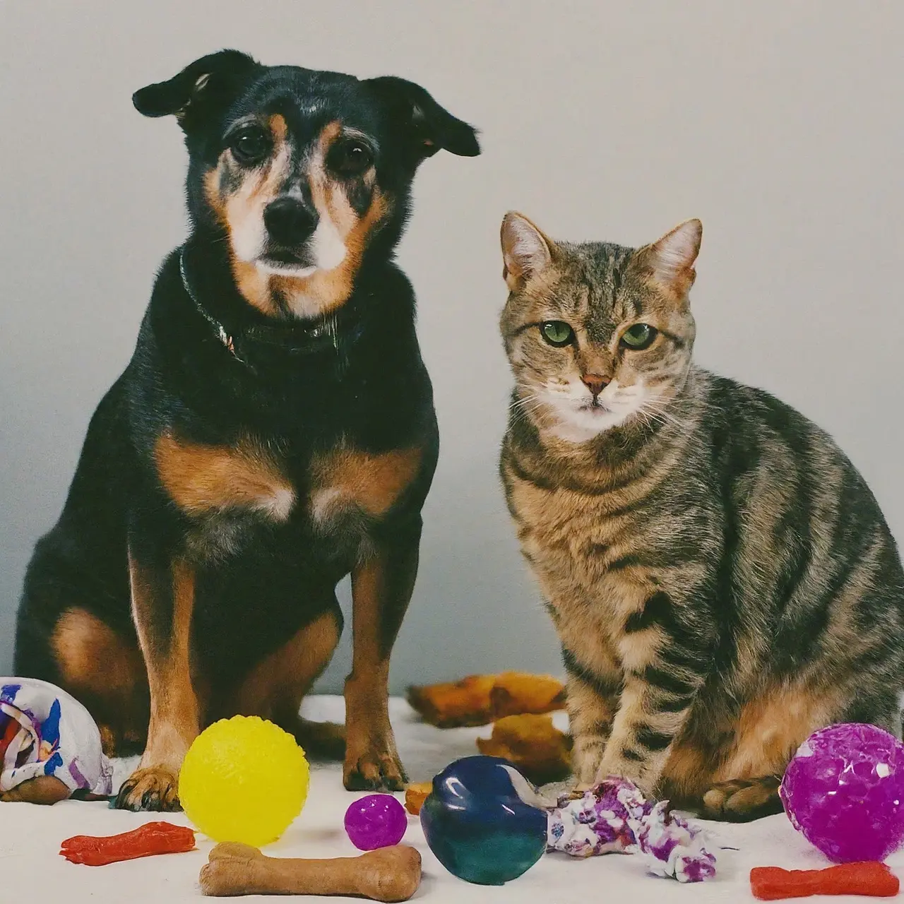 A dog and cat surrounded by toys and treats. 35mm stock photo