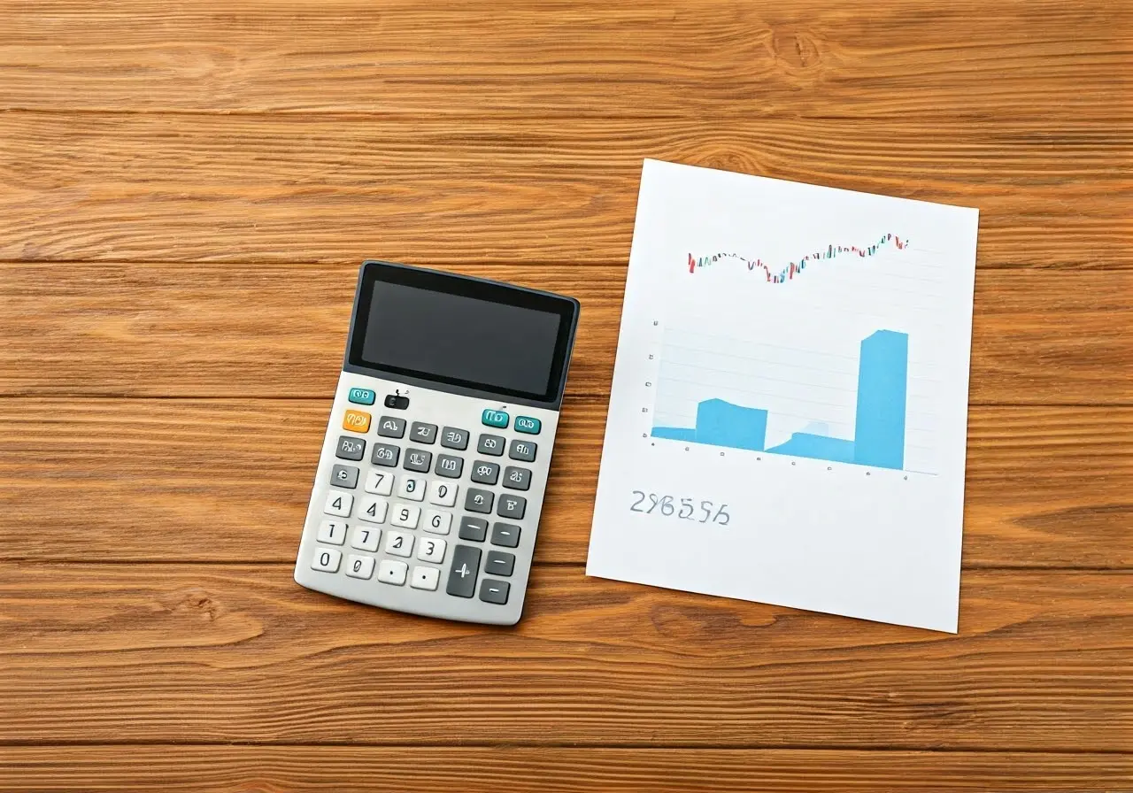 A calculator and financial charts on a wooden desk. 35mm stock photo