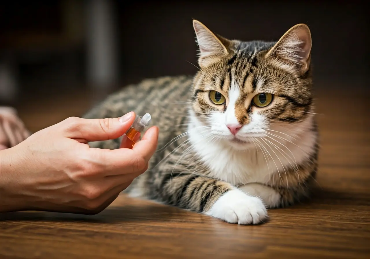 A hand gently administering medication to a cooperative cat. 35mm stock photo