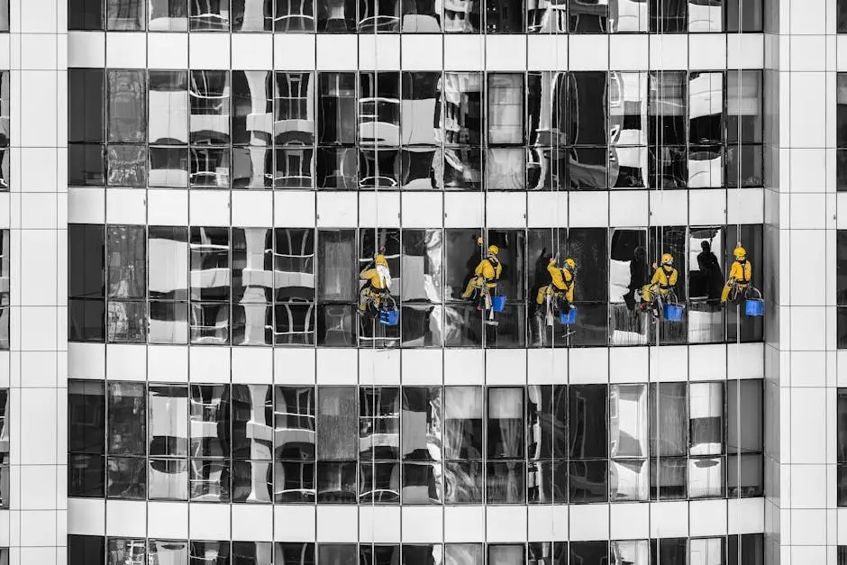 High-rise window cleaners in Dubai cleaning a skyscraper, showcasing urban architecture.